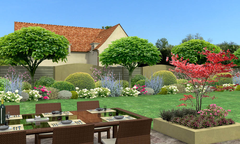 cloture de jardin haute avec catalpas boule