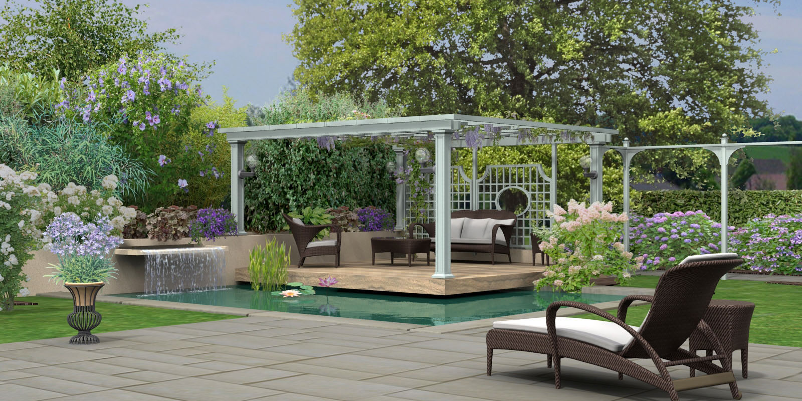 Bassin avec pergola réalisé en 3d