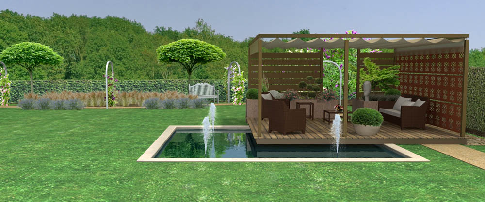 Bassin de jardin avec salon pergola