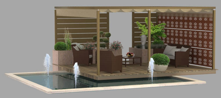 Bassin de jardin avec salon pergola en 3d