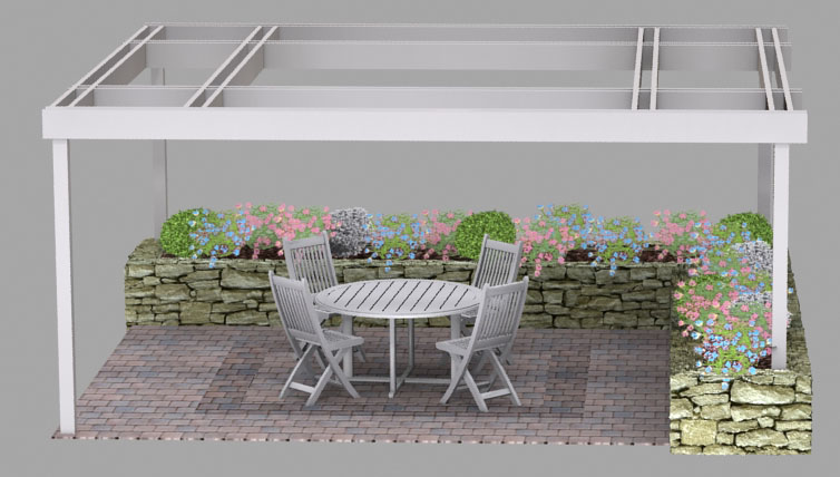 coin repas sous une pergola en 3d