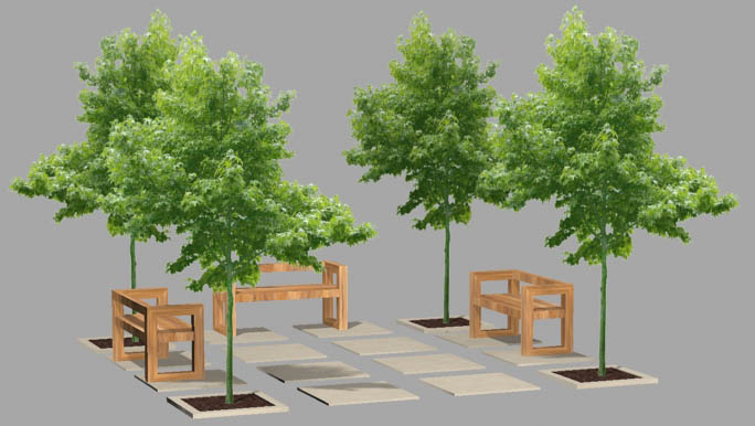 patio avec 3 bancs en 3d