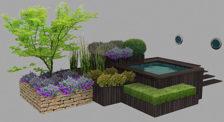 spa en angle dans un jardin 3d